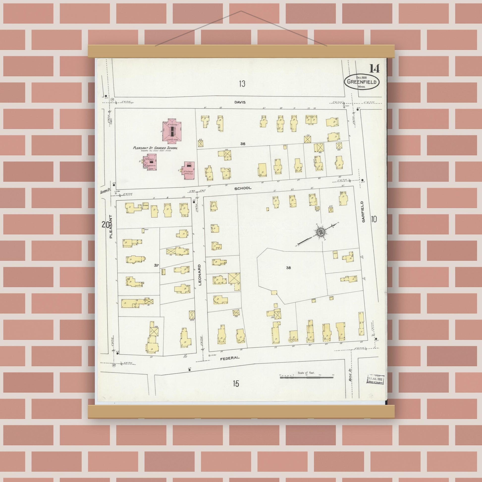 Old map wall art mockup — magnetic wood frame on brick wall — Sanborn Fire Insurance Map from Greenfield, Franklin County, Massachusetts (1909), Sheet #0014