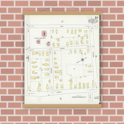 Old map wall art mockup — magnetic wood frame on brick wall — Sanborn Fire Insurance Map from Greenfield, Franklin County, Massachusetts (1909), Sheet #0014