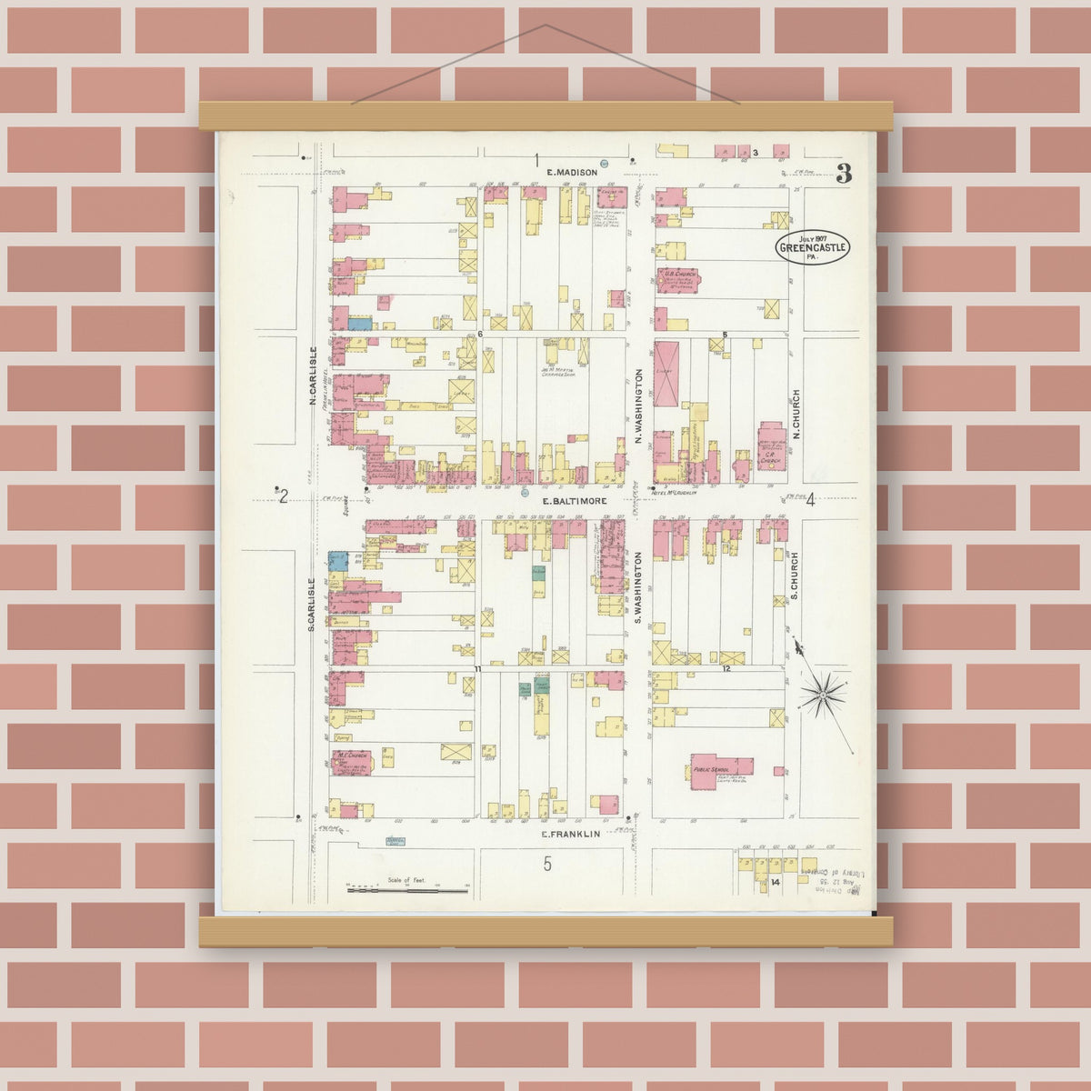 Old map wall art mockup — magnetic wood frame on brick wall — Sanborn Fire Insurance Map from Greencastle, Franklin County, Pennsylvania (1907), Sheet #0003