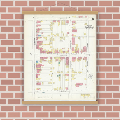 Old map wall art mockup — magnetic wood frame on brick wall — Sanborn Fire Insurance Map from Greencastle, Franklin County, Pennsylvania (1907), Sheet #0003