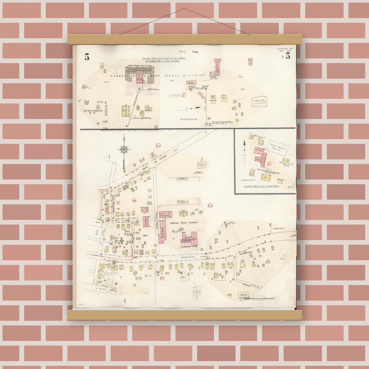 Old map wall art mockup — magnetic wood frame on brick wall — Sanborn Fire Insurance Map from Overton, Rusk County, Texas (1939), Sheet #0005