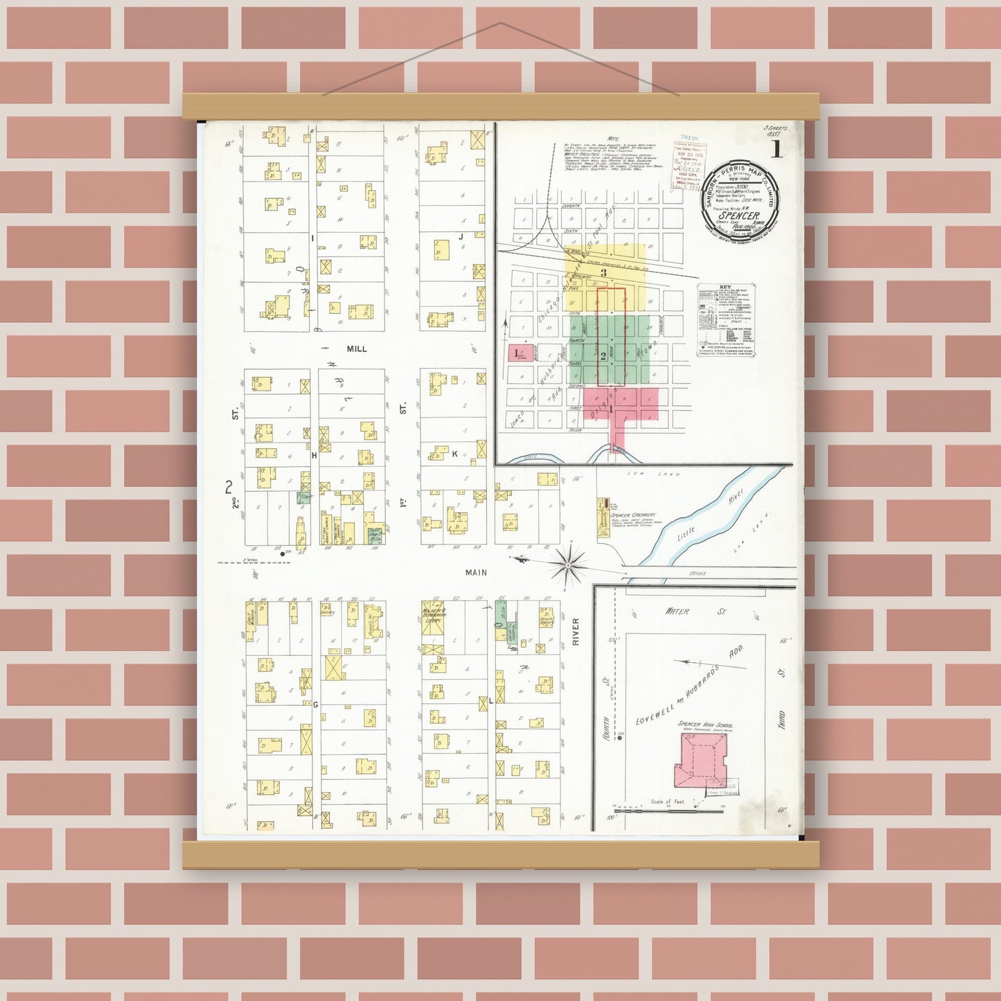 Old map wall art mockup — magnetic wood frame on brick wall — Sanborn Fire Insurance Map from Spencer, Clay County, Iowa (1900), Sheet #0001