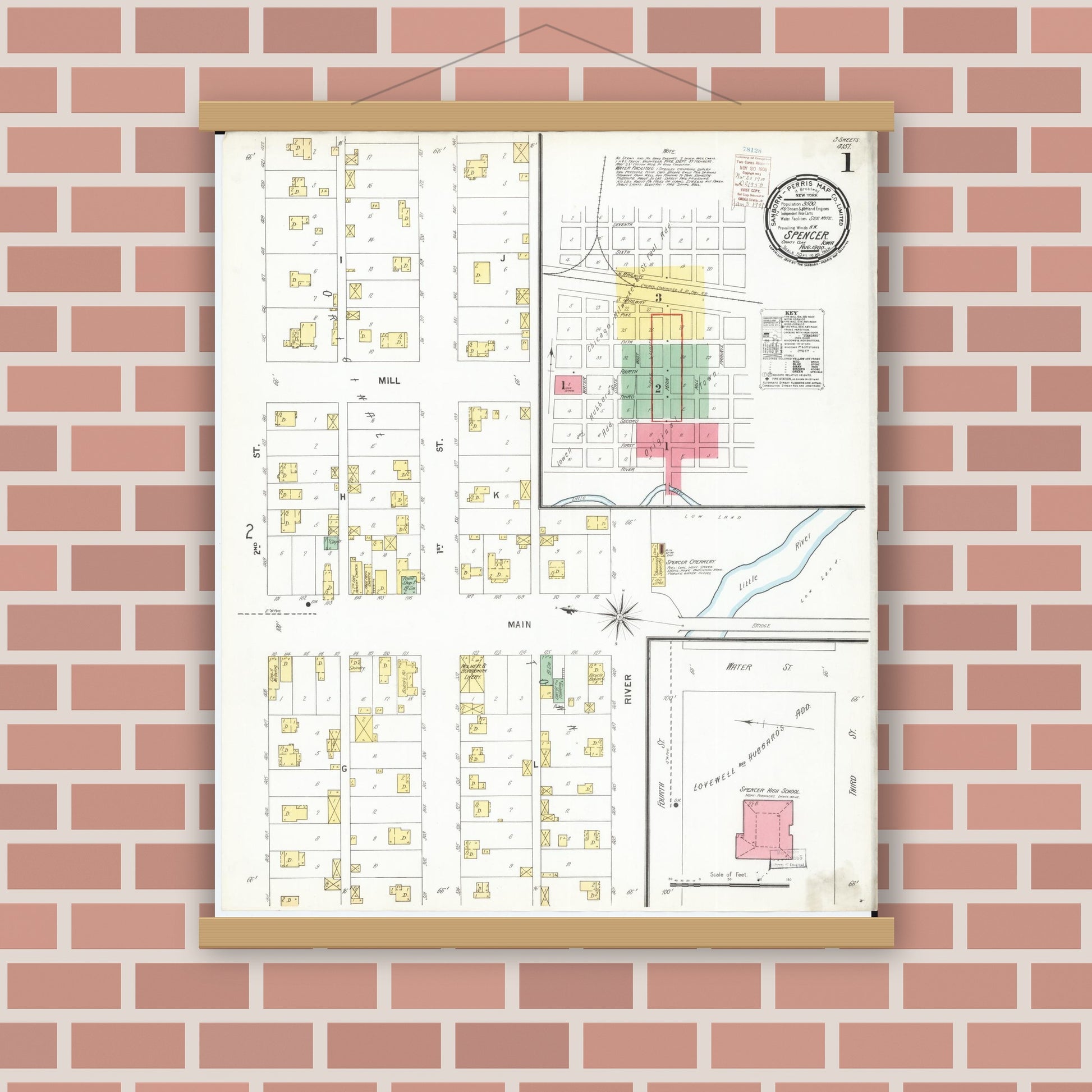 Old map wall art mockup — magnetic wood frame on brick wall — Sanborn Fire Insurance Map from Spencer, Clay County, Iowa (1900), Sheet #0001