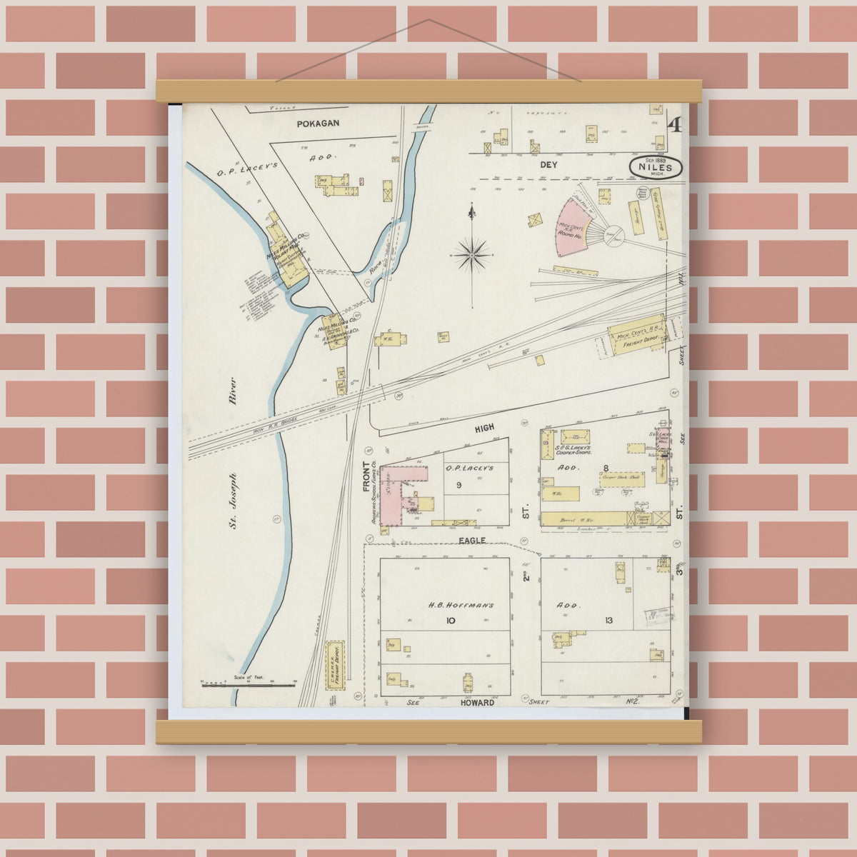 Old map wall art mockup — magnetic wood frame on brick wall — Sanborn Fire Insurance Map from Niles, Berrien County, Michigan (1889), Sheet #0004