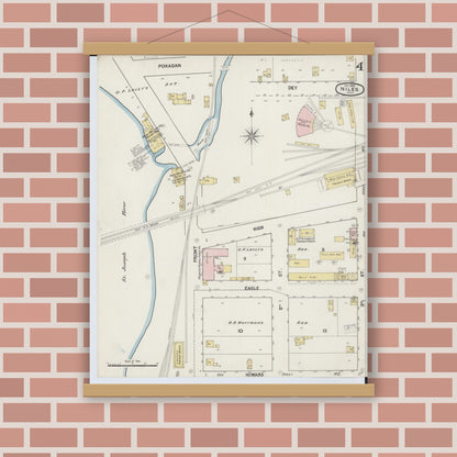 Old map wall art mockup — magnetic wood frame on brick wall — Sanborn Fire Insurance Map from Niles, Berrien County, Michigan (1889), Sheet #0004
