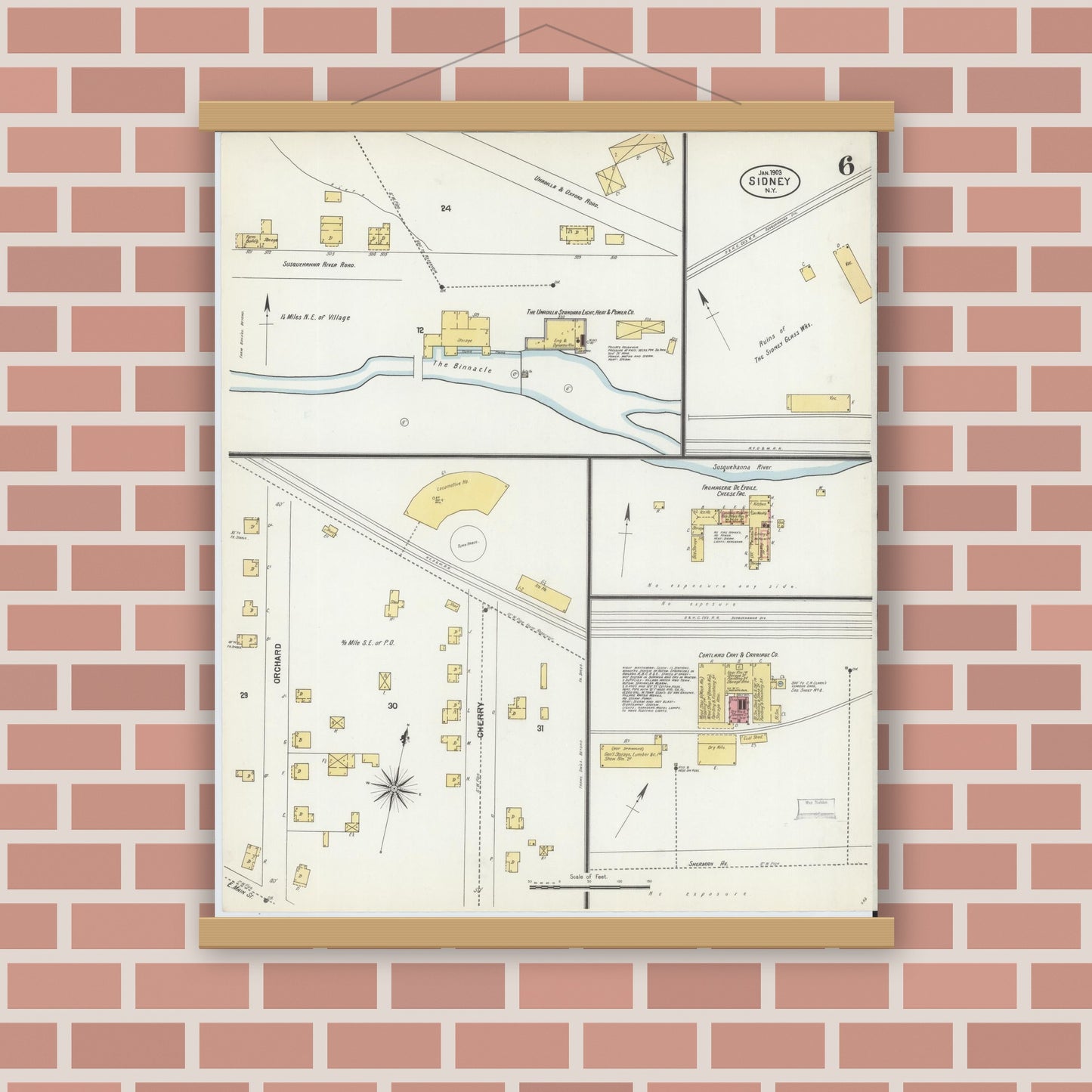Old map wall art mockup — magnetic wood frame on brick wall — Sanborn Fire Insurance Map from Sidney, Delaware County, New York (1903), Sheet #0006