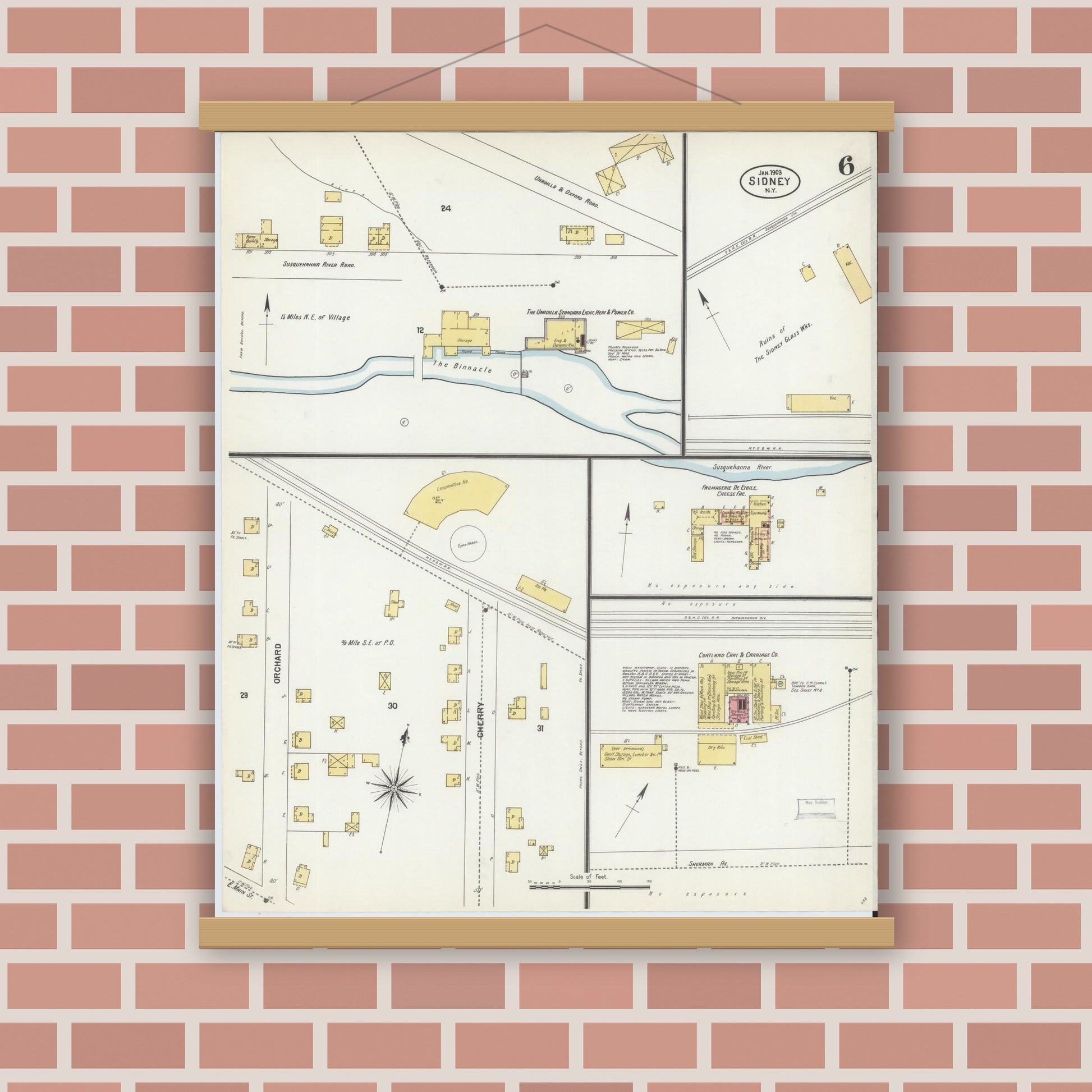 Old map wall art mockup — magnetic wood frame on brick wall — Sanborn Fire Insurance Map from Sidney, Delaware County, New York (1903), Sheet #0006