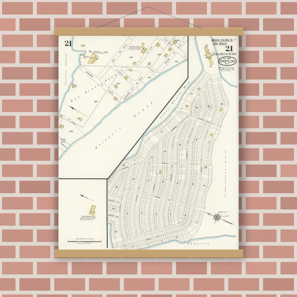Old map wall art mockup — magnetic wood frame on brick wall — Sanborn Fire Insurance Map from Babylon, Suffolk County, New York (1923), Sheet #0021