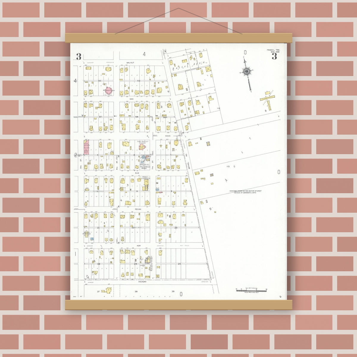 Old map wall art mockup — magnetic wood frame on brick wall — Sanborn Fire Insurance Map from Frisco, Collin County, Texas (1949), Sheet #0003