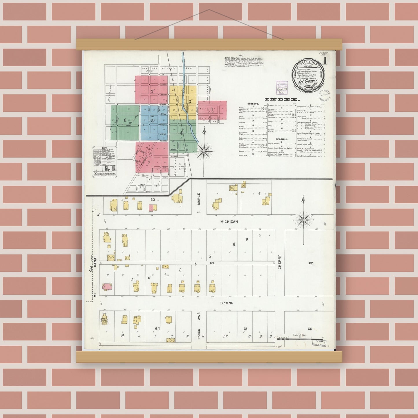 Old map wall art mockup — magnetic wood frame on brick wall — Sanborn Fire Insurance Map from Lagrange, LaGrange County, Indiana (1901), Sheet #0001