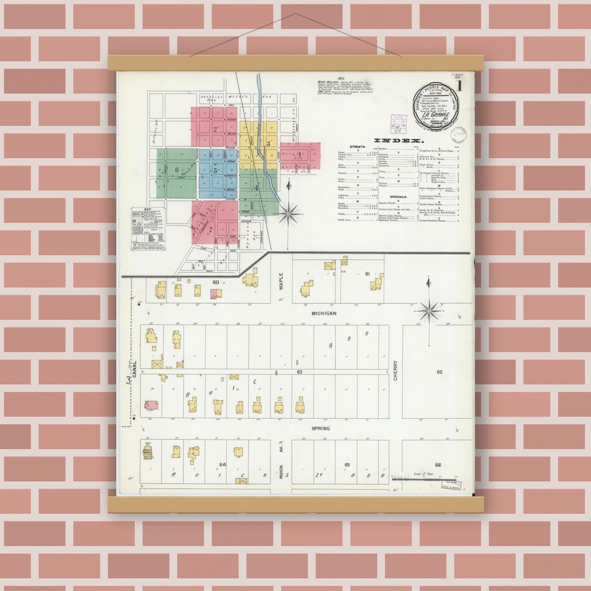 Old map wall art mockup — magnetic wood frame on brick wall — Sanborn Fire Insurance Map from Lagrange, LaGrange County, Indiana (1901), Sheet #0001