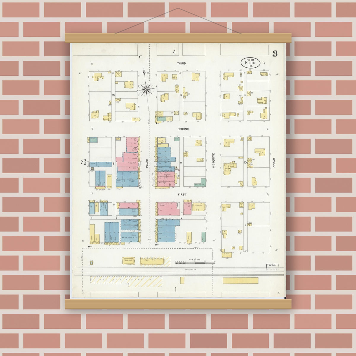 Old map wall art mockup — magnetic wood frame on brick wall — Sanborn Fire Insurance Map from Hico, Hamilton County, Texas (1903), Sheet #0003