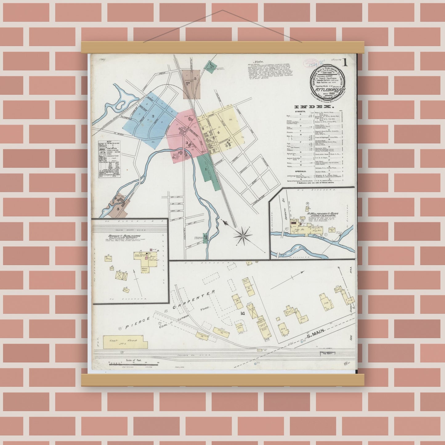 Old map wall art mockup — magnetic wood frame on brick wall — Sanborn Fire Insurance Map from Attleboro, Bristol County, Massachusetts (1889), Sheet #0001