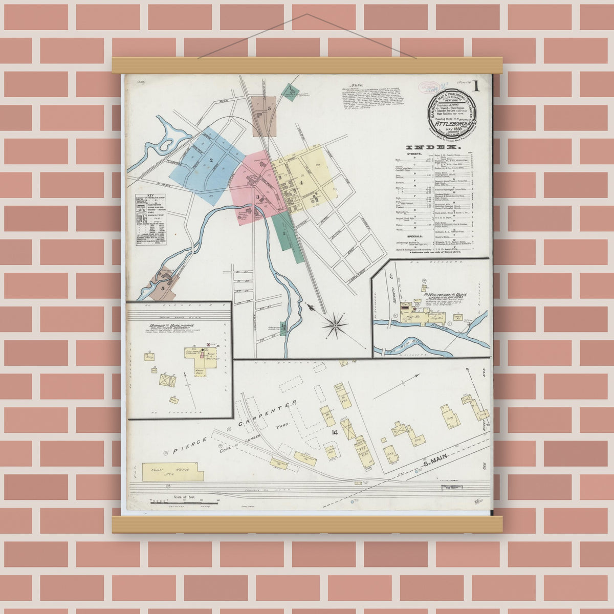 Old map wall art mockup — magnetic wood frame on brick wall — Sanborn Fire Insurance Map from Attleboro, Bristol County, Massachusetts (1889), Sheet #0001
