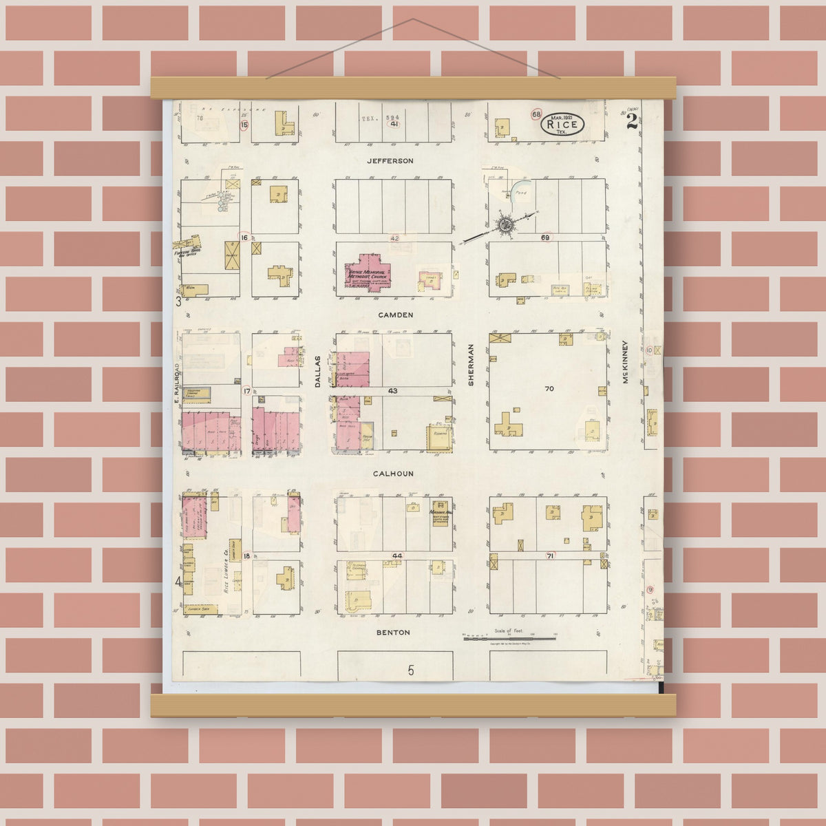 Old map wall art mockup — magnetic wood frame on brick wall — Sanborn Fire Insurance Map from Rice, Navarro County, Texas (1935), Sheet #0002