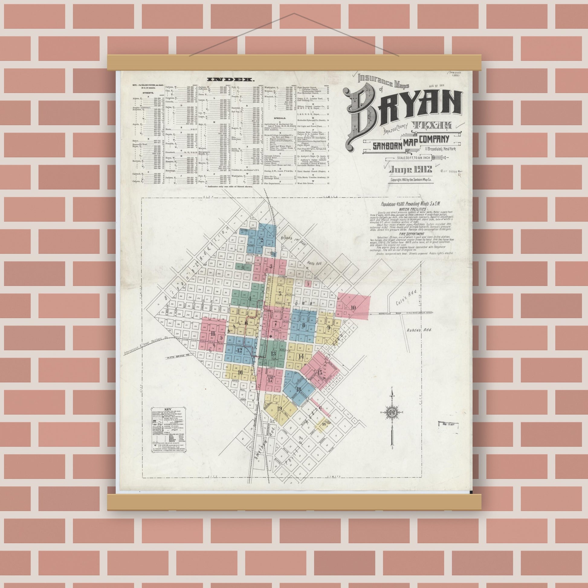 Old map wall art mockup — magnetic wood frame on brick wall — Sanborn Fire Insurance Map from Bryan, Brazos County, Texas (1912), Sheet #0001
