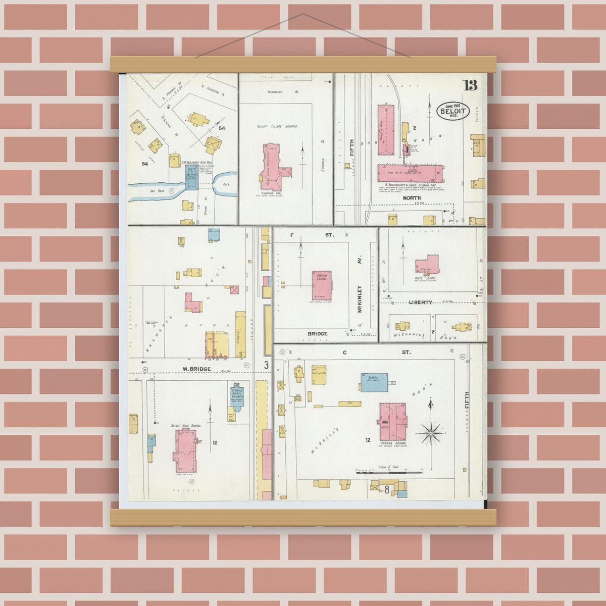 Old map wall art mockup — magnetic wood frame on brick wall — Sanborn Fire Insurance Map from Beloit, Rock County, Wisconsin (1902), Sheet #0013