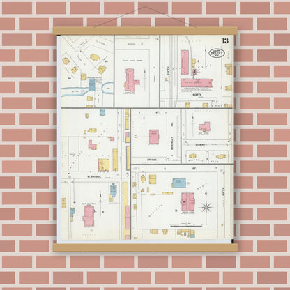 Old map wall art mockup — magnetic wood frame on brick wall — Sanborn Fire Insurance Map from Beloit, Rock County, Wisconsin (1902), Sheet #0013