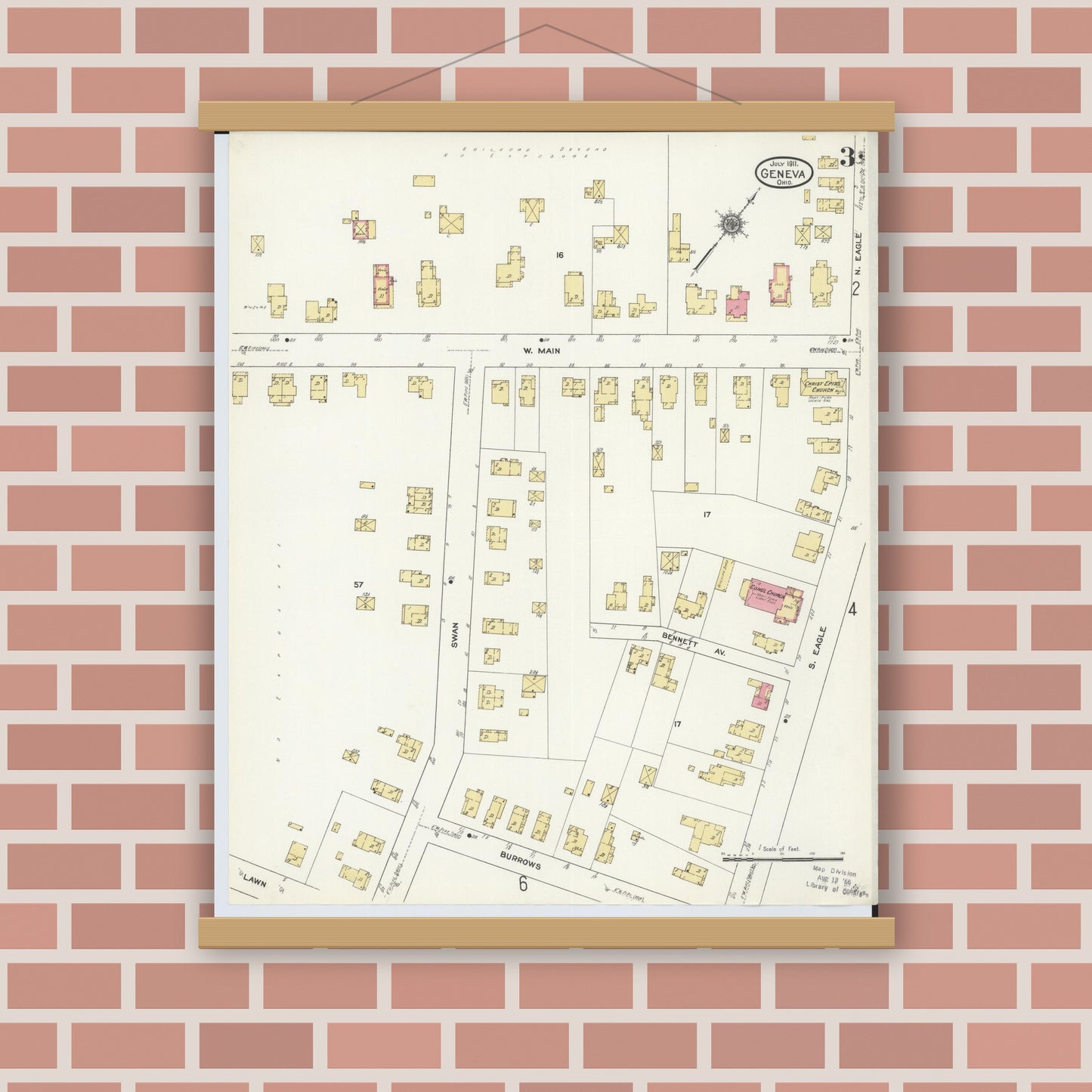 Old map wall art mockup — magnetic wood frame on brick wall — Sanborn Fire Insurance Map from Geneva, Ashtabula County, Ohio (1911), Sheet #0003