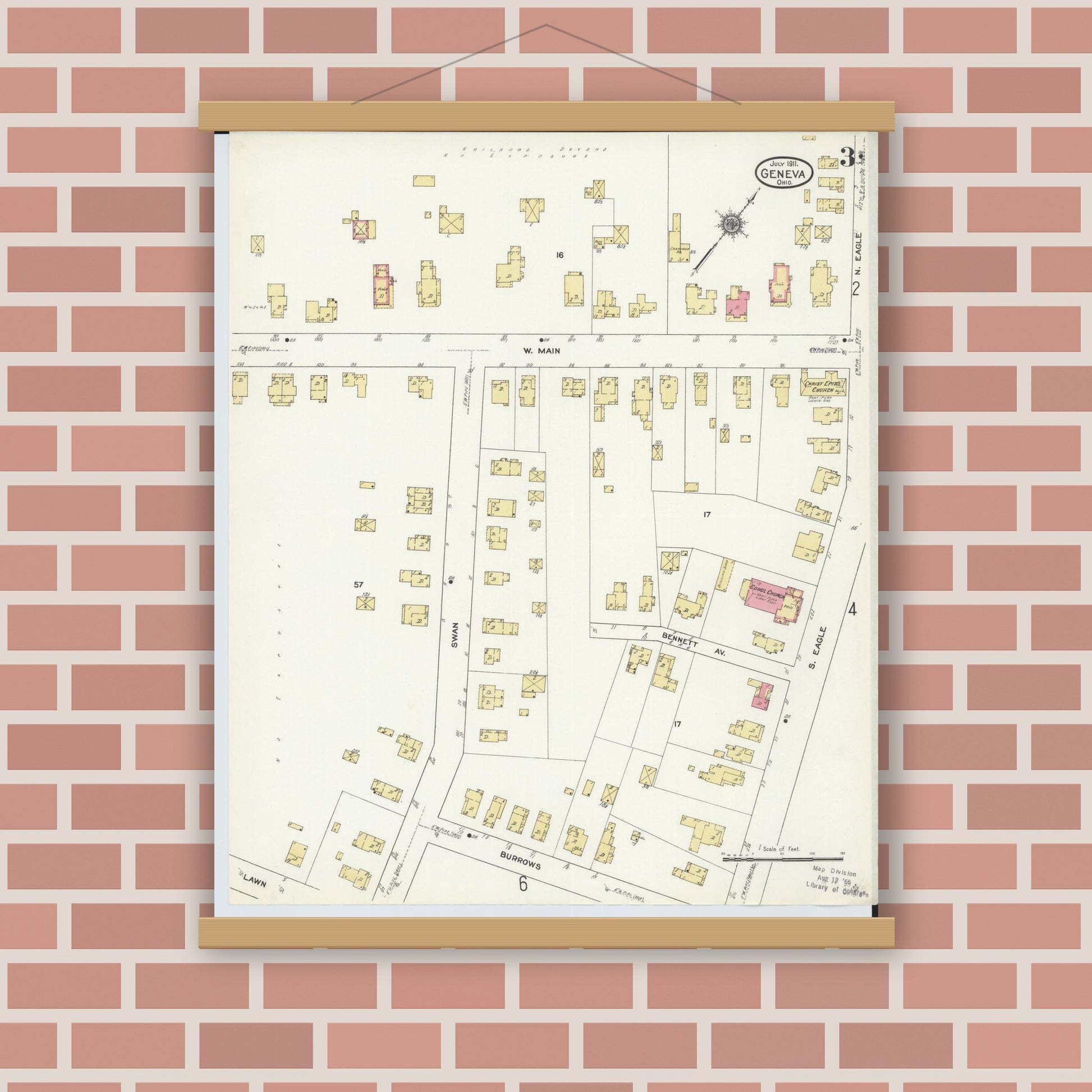 Old map wall art mockup — magnetic wood frame on brick wall — Sanborn Fire Insurance Map from Geneva, Ashtabula County, Ohio (1911), Sheet #0003
