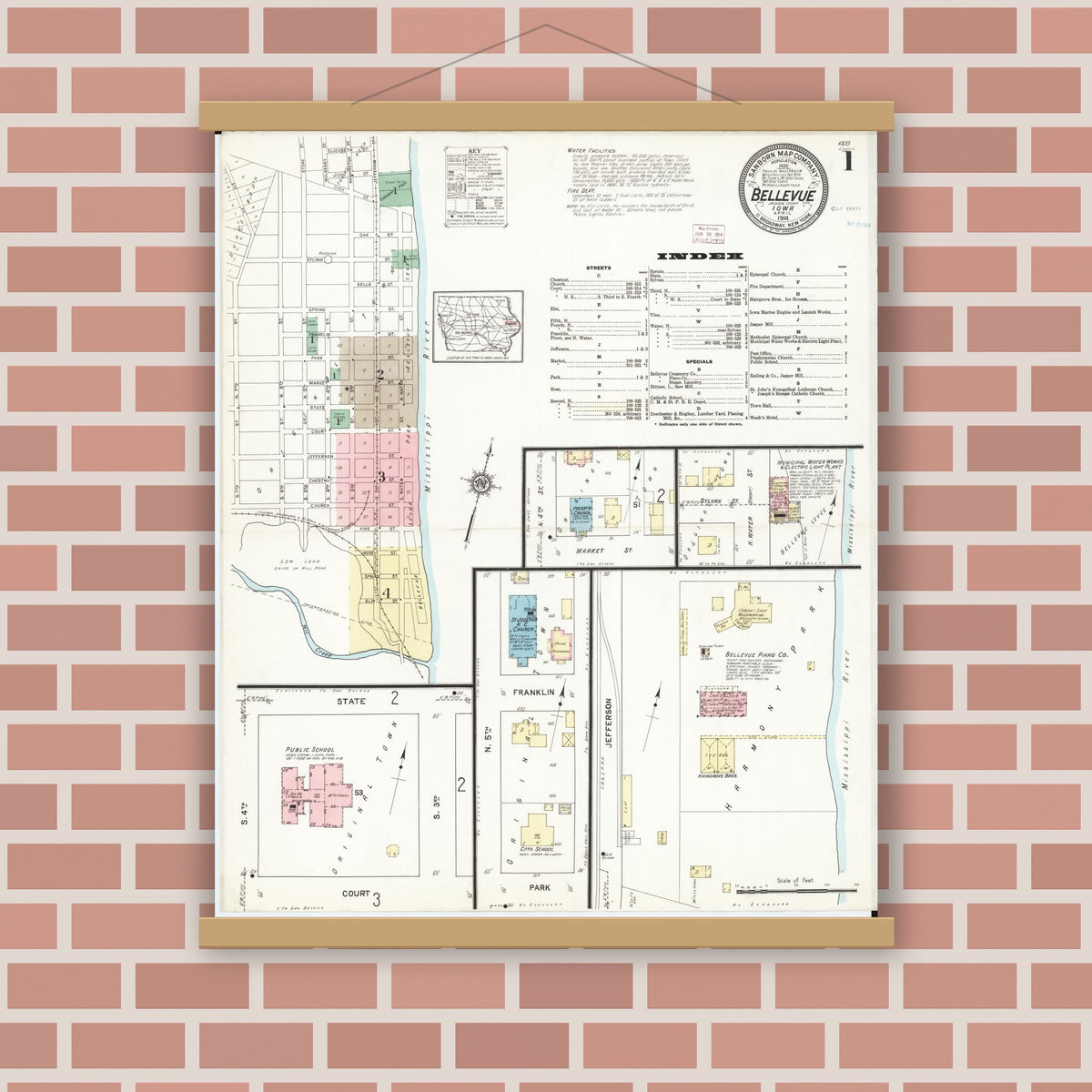 Old map wall art mockup — magnetic wood frame on brick wall — Sanborn Fire Insurance Map from Bellevue, Jackson County, Iowa (1914) â€” Complete Set