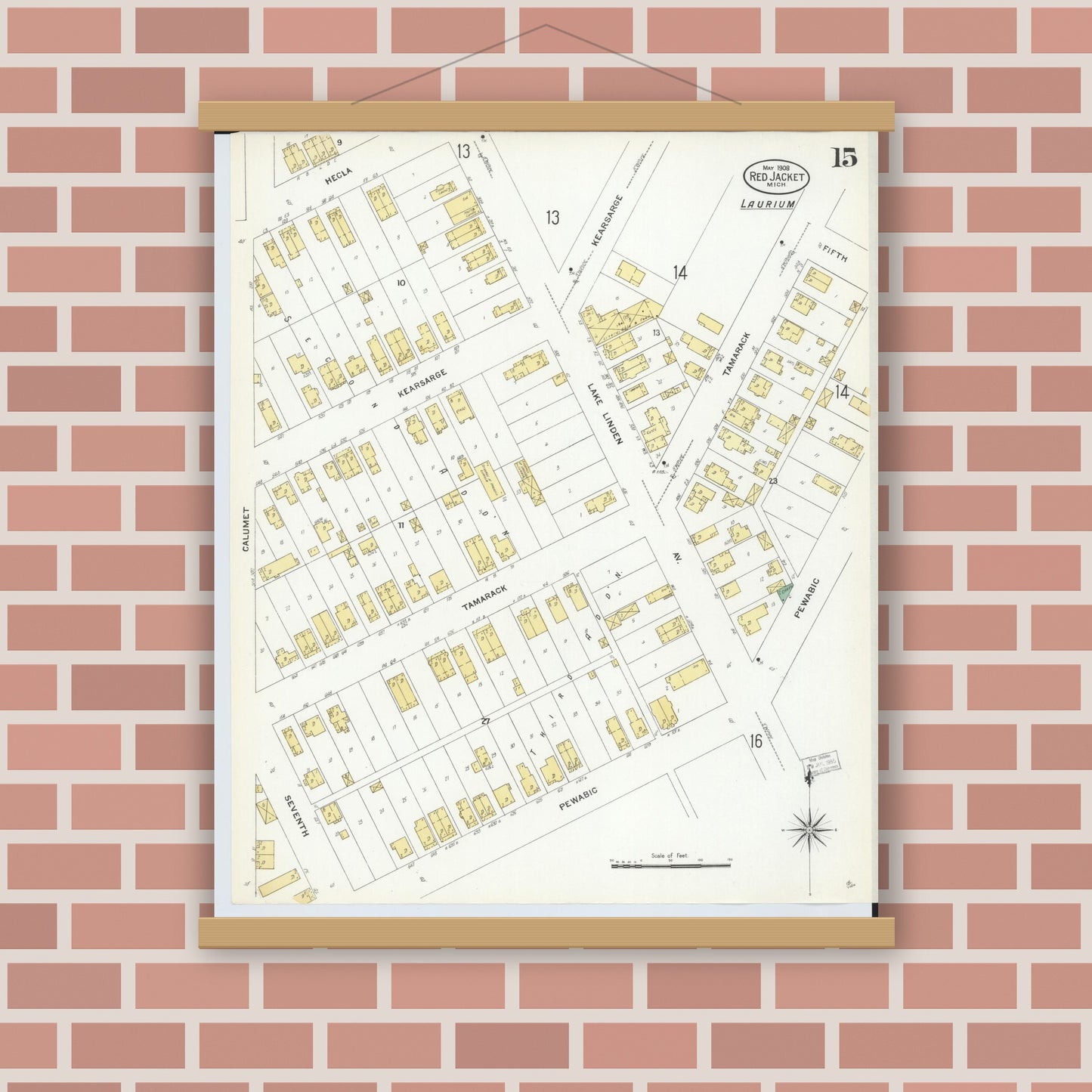 Old map wall art mockup — magnetic wood frame on brick wall — Sanborn Fire Insurance Map from Red Jacket, Houghton County, Michigan (1908), Sheet #0015