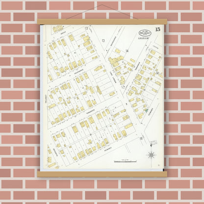 Old map wall art mockup — magnetic wood frame on brick wall — Sanborn Fire Insurance Map from Red Jacket, Houghton County, Michigan (1908), Sheet #0015