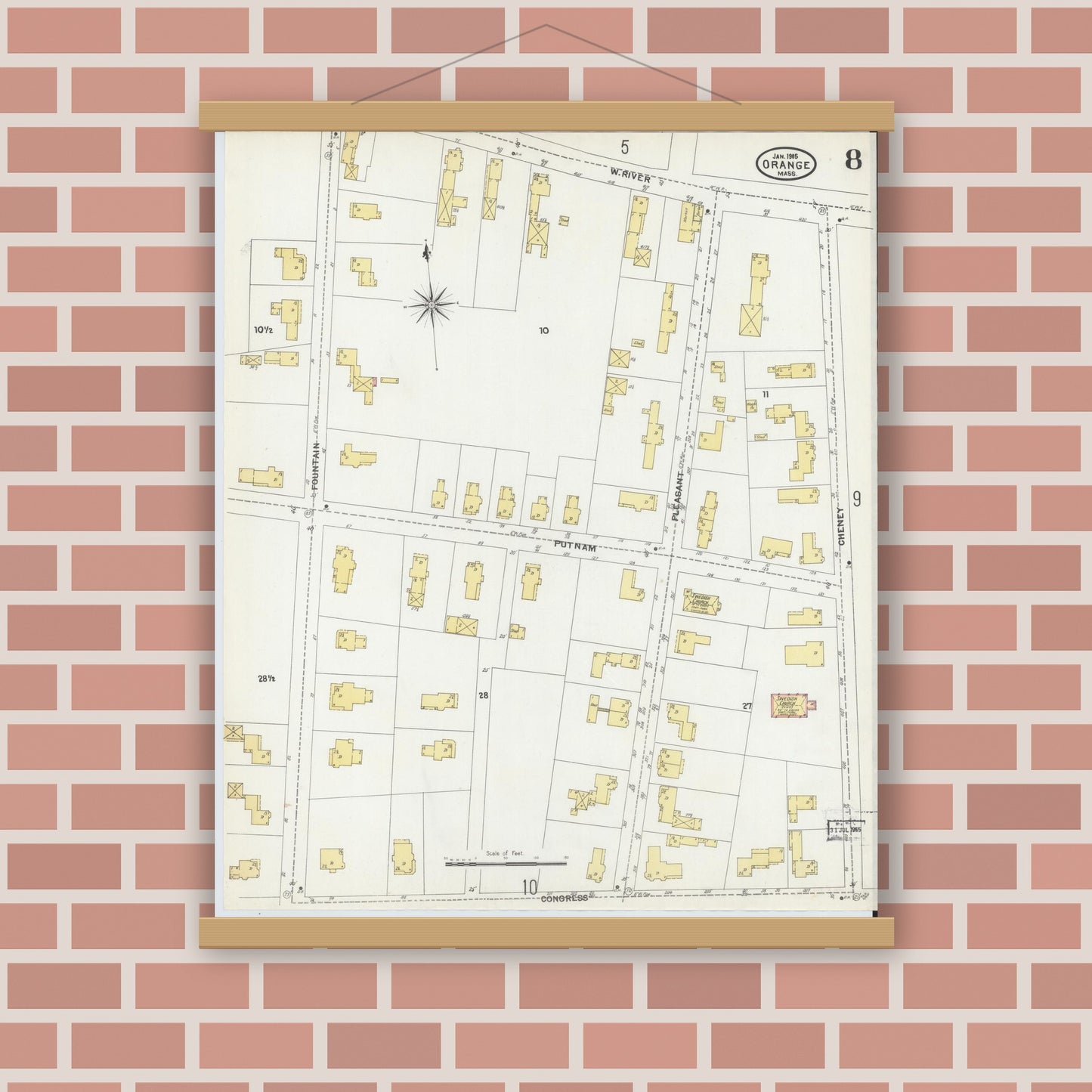 Old map wall art mockup — magnetic wood frame on brick wall — Sanborn Fire Insurance Map from Orange, Franklin County, Massachusetts (1905), Sheet #0008