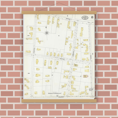 Old map wall art mockup — magnetic wood frame on brick wall — Sanborn Fire Insurance Map from Orange, Franklin County, Massachusetts (1905), Sheet #0008