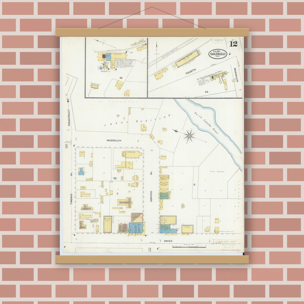 Old map wall art mockup — magnetic wood frame on brick wall — Sanborn Fire Insurance Map from San Angelo, Tom Green County, Texas (1904), Sheet #0012