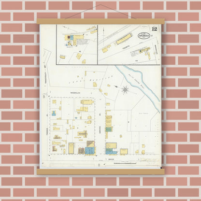 Old map wall art mockup — magnetic wood frame on brick wall — Sanborn Fire Insurance Map from San Angelo, Tom Green County, Texas (1904), Sheet #0012