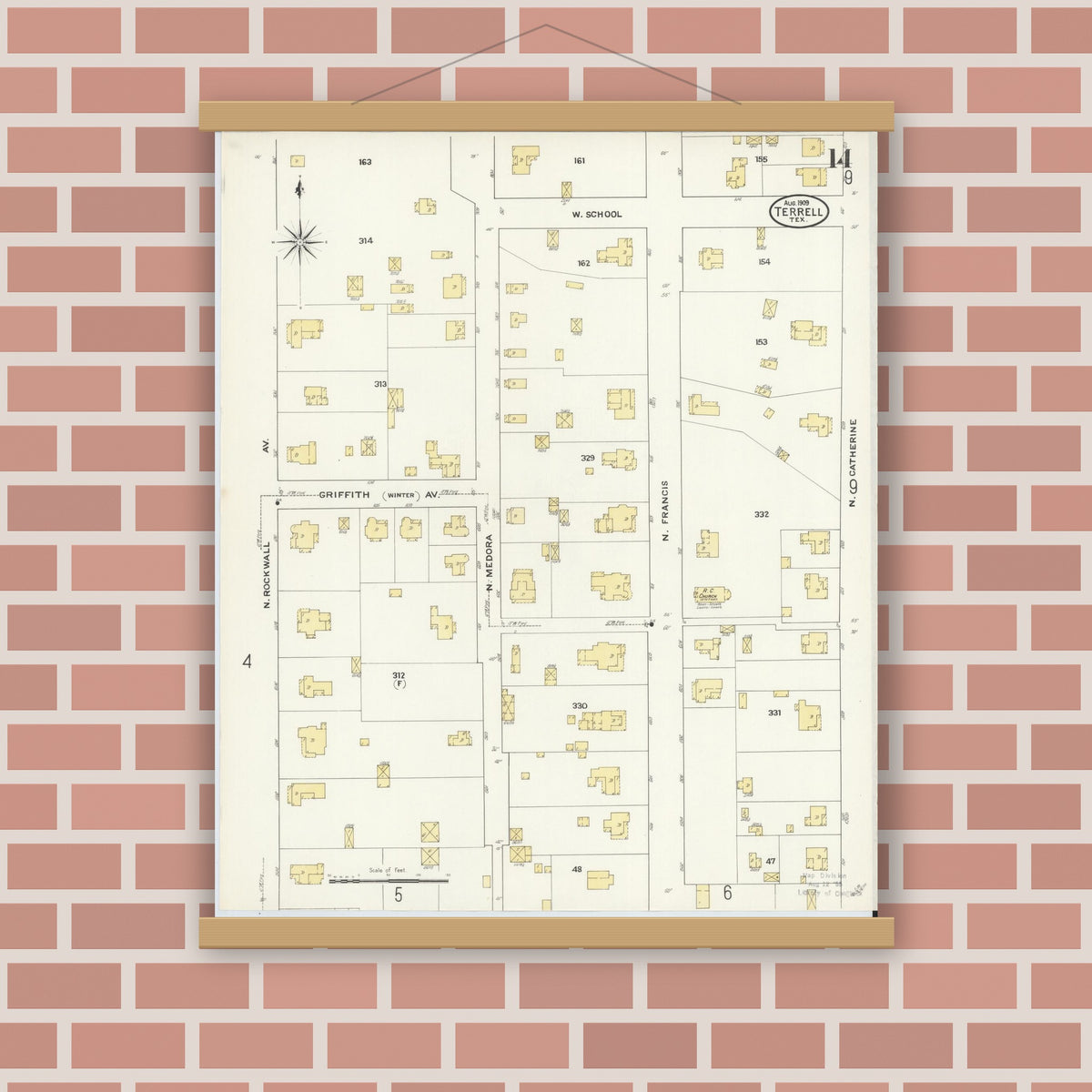 Old map wall art mockup — magnetic wood frame on brick wall — Sanborn Fire Insurance Map from Terrell, Kaufman County, Texas (1909), Sheet #0014