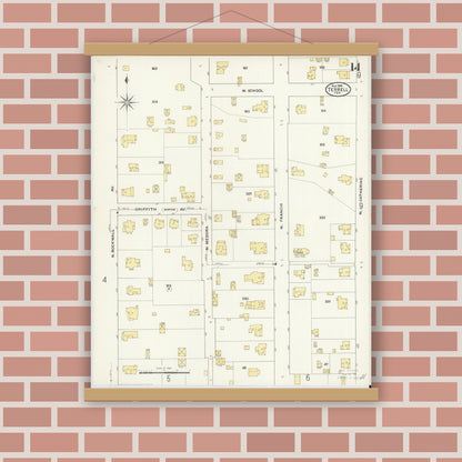 Old map wall art mockup — magnetic wood frame on brick wall — Sanborn Fire Insurance Map from Terrell, Kaufman County, Texas (1909), Sheet #0014
