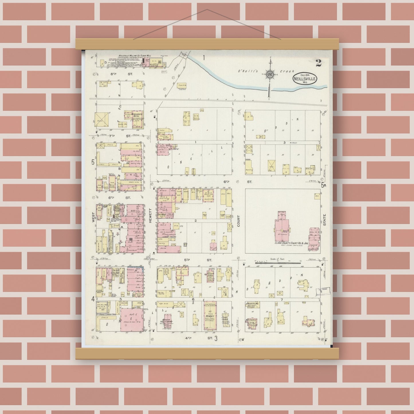 Old map wall art mockup — magnetic wood frame on brick wall — Sanborn Fire Insurance Map from Neillsville, Clark County, Wisconsin (1914), Sheet #0002