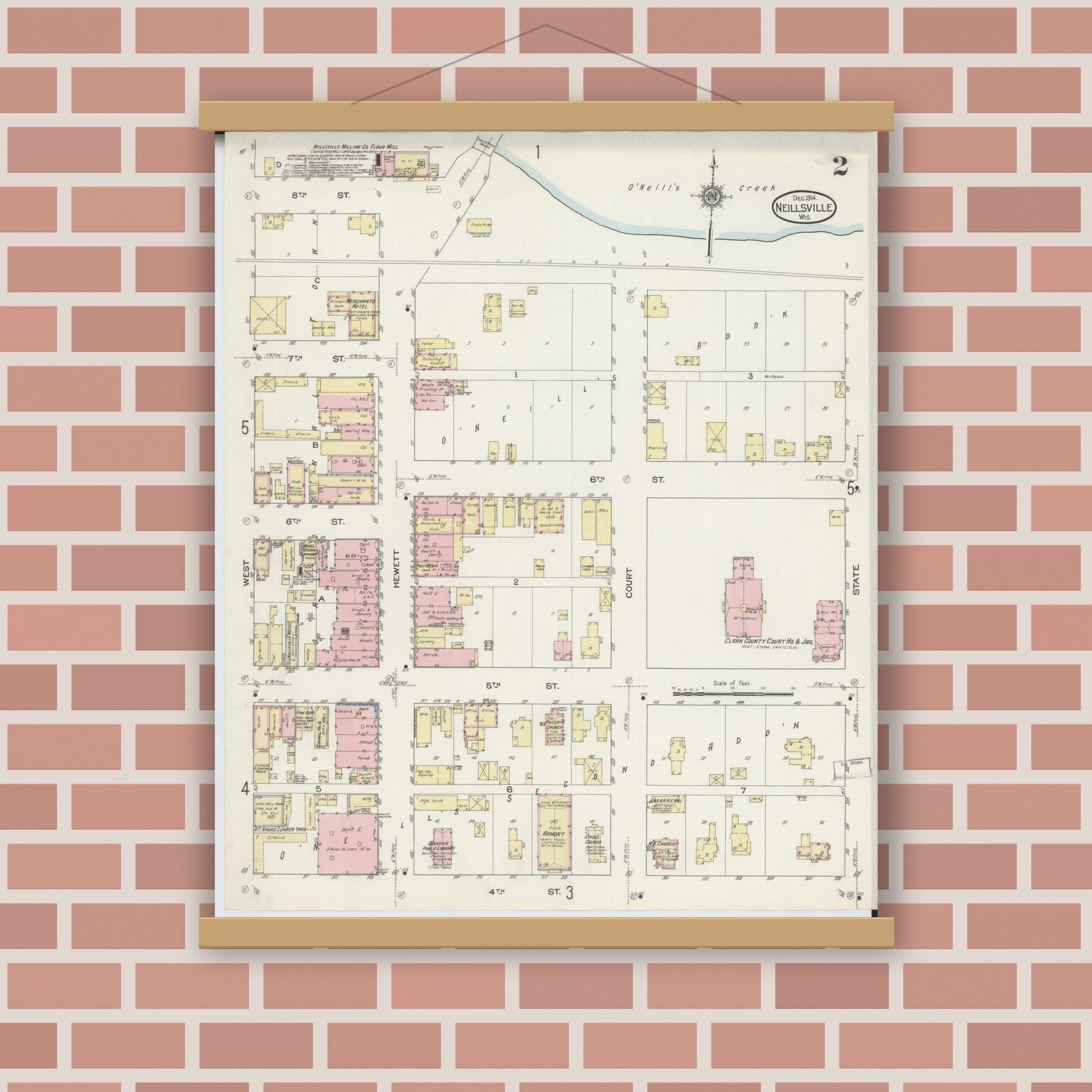 Old map wall art mockup — magnetic wood frame on brick wall — Sanborn Fire Insurance Map from Neillsville, Clark County, Wisconsin (1914), Sheet #0002