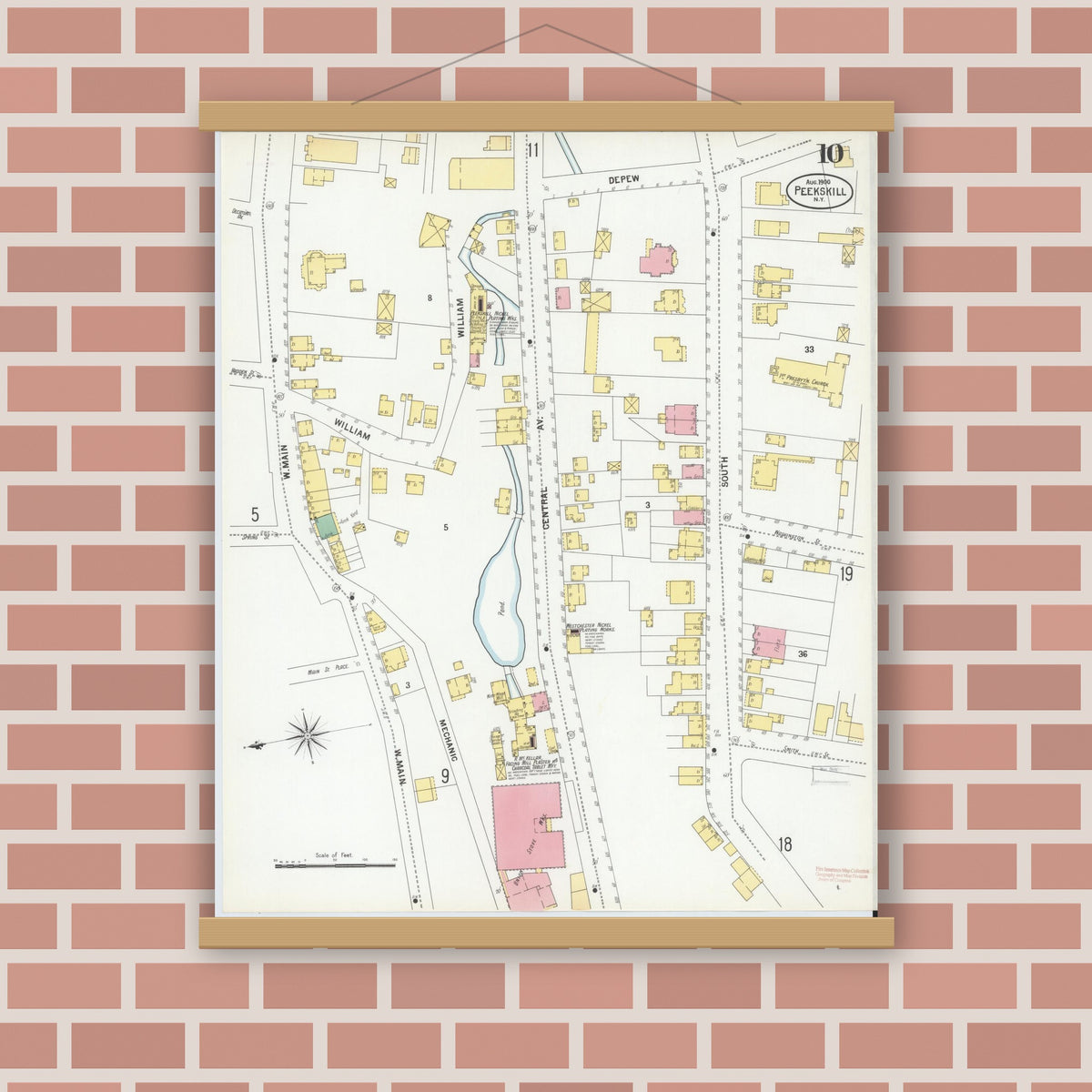 Old map wall art mockup — magnetic wood frame on brick wall — Sanborn Fire Insurance Map from Peekskill, Westchester County, New York (1900), Sheet #0010