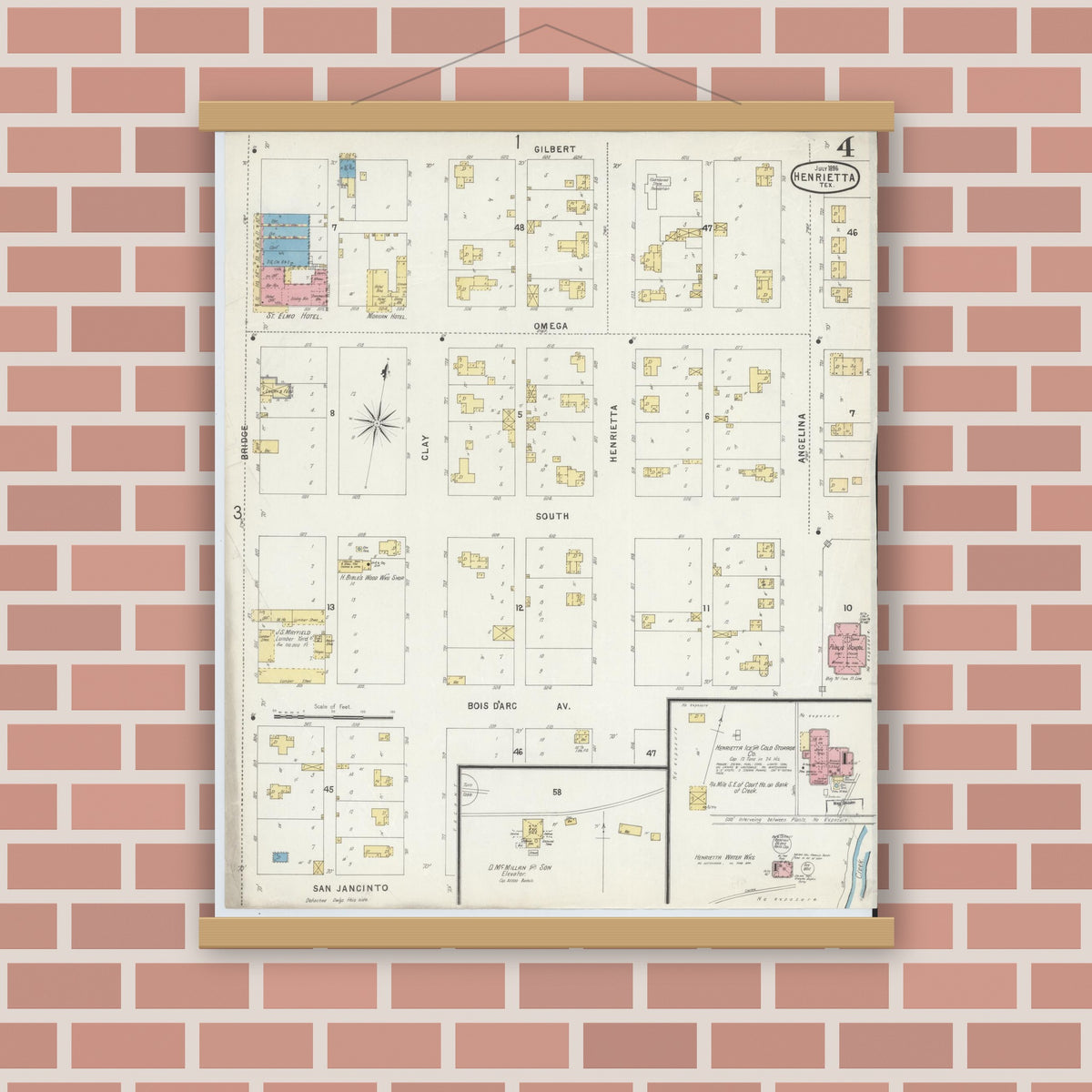 Old map wall art mockup — magnetic wood frame on brick wall — Sanborn Fire Insurance Map from Henrietta, Clay County, Texas (1896), Sheet #0004
