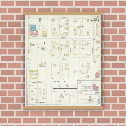 Old map wall art mockup — magnetic wood frame on brick wall — Sanborn Fire Insurance Map from Henrietta, Clay County, Texas (1896), Sheet #0004