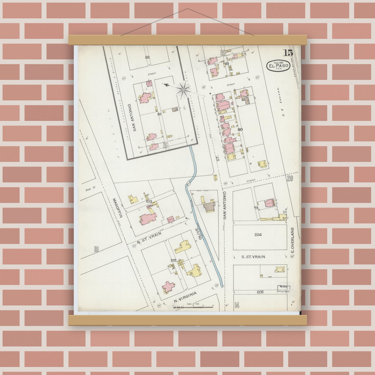 Old map wall art mockup — magnetic wood frame on brick wall — Sanborn Fire Insurance Map from El Paso, El Paso County, Texas (1893), Sheet #0015