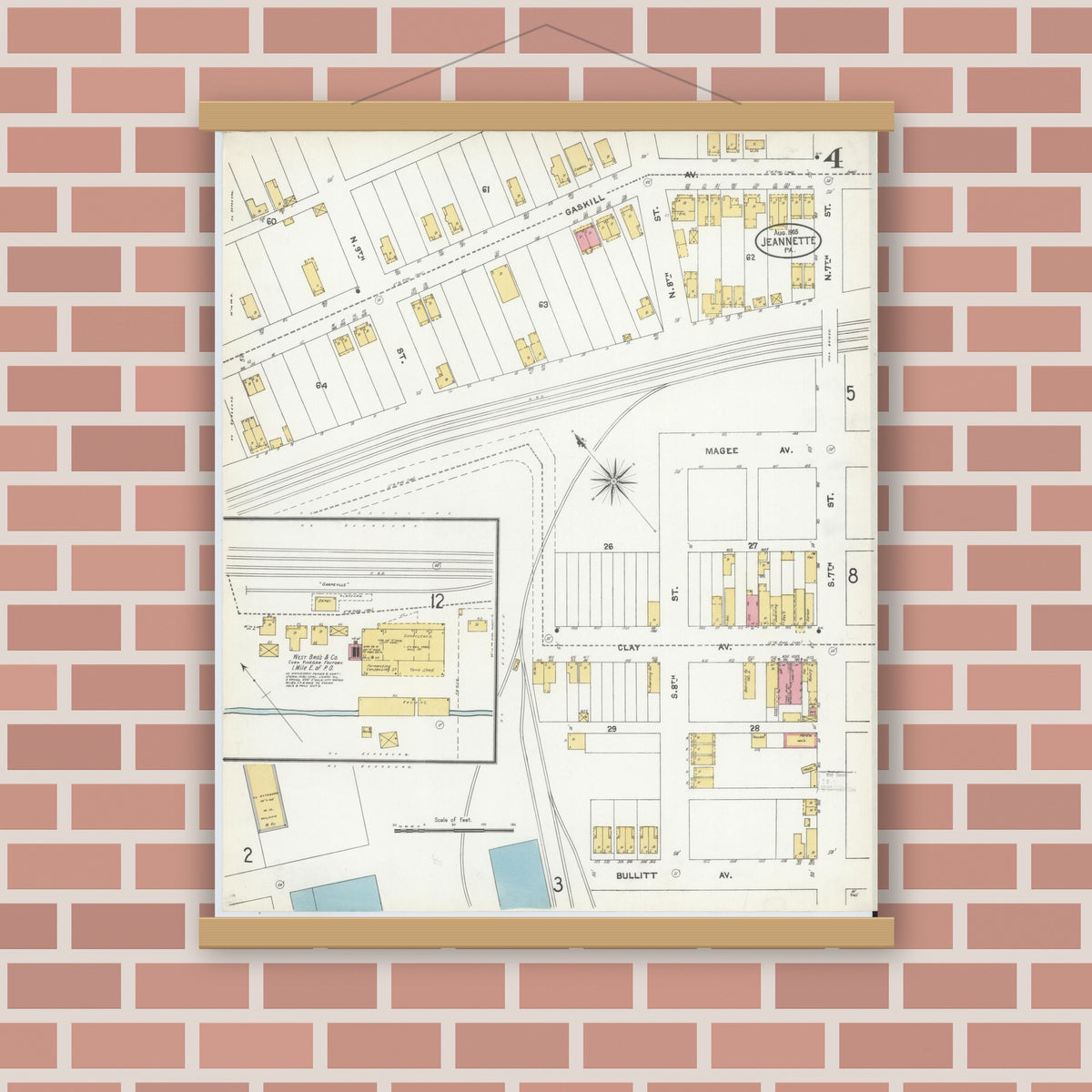 Old map wall art mockup — magnetic wood frame on brick wall — Sanborn Fire Insurance Map from Jeannette, Westmoreland County, Pennsylvania (1905), Sheet #0004