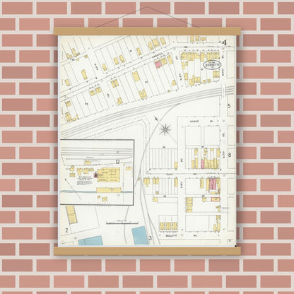 Old map wall art mockup — magnetic wood frame on brick wall — Sanborn Fire Insurance Map from Jeannette, Westmoreland County, Pennsylvania (1905), Sheet #0004