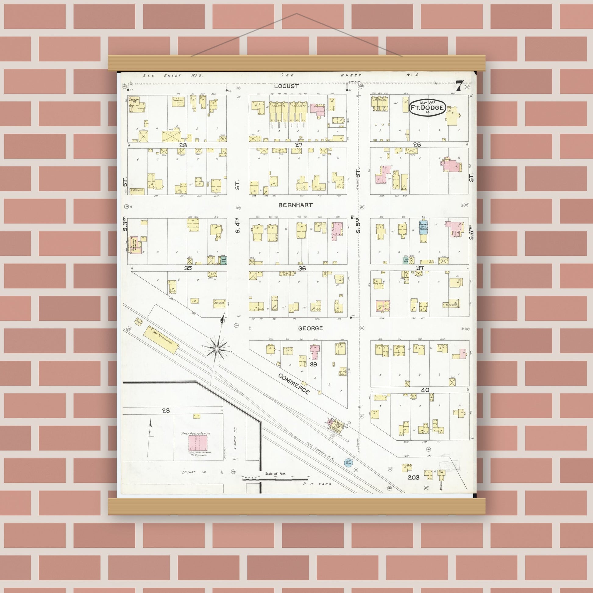 Old map wall art mockup — magnetic wood frame on brick wall — Sanborn Fire Insurance Map from Fort Dodge, Webster County, Iowa (1892), Sheet #0007