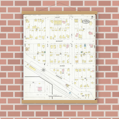 Old map wall art mockup — magnetic wood frame on brick wall — Sanborn Fire Insurance Map from Fort Dodge, Webster County, Iowa (1892), Sheet #0007