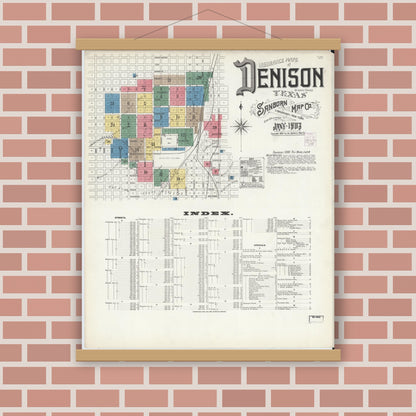 Old map wall art mockup — magnetic wood frame on brick wall — Sanborn Fire Insurance Map from Denison, Grayson County, Texas (1903), Sheet #0001