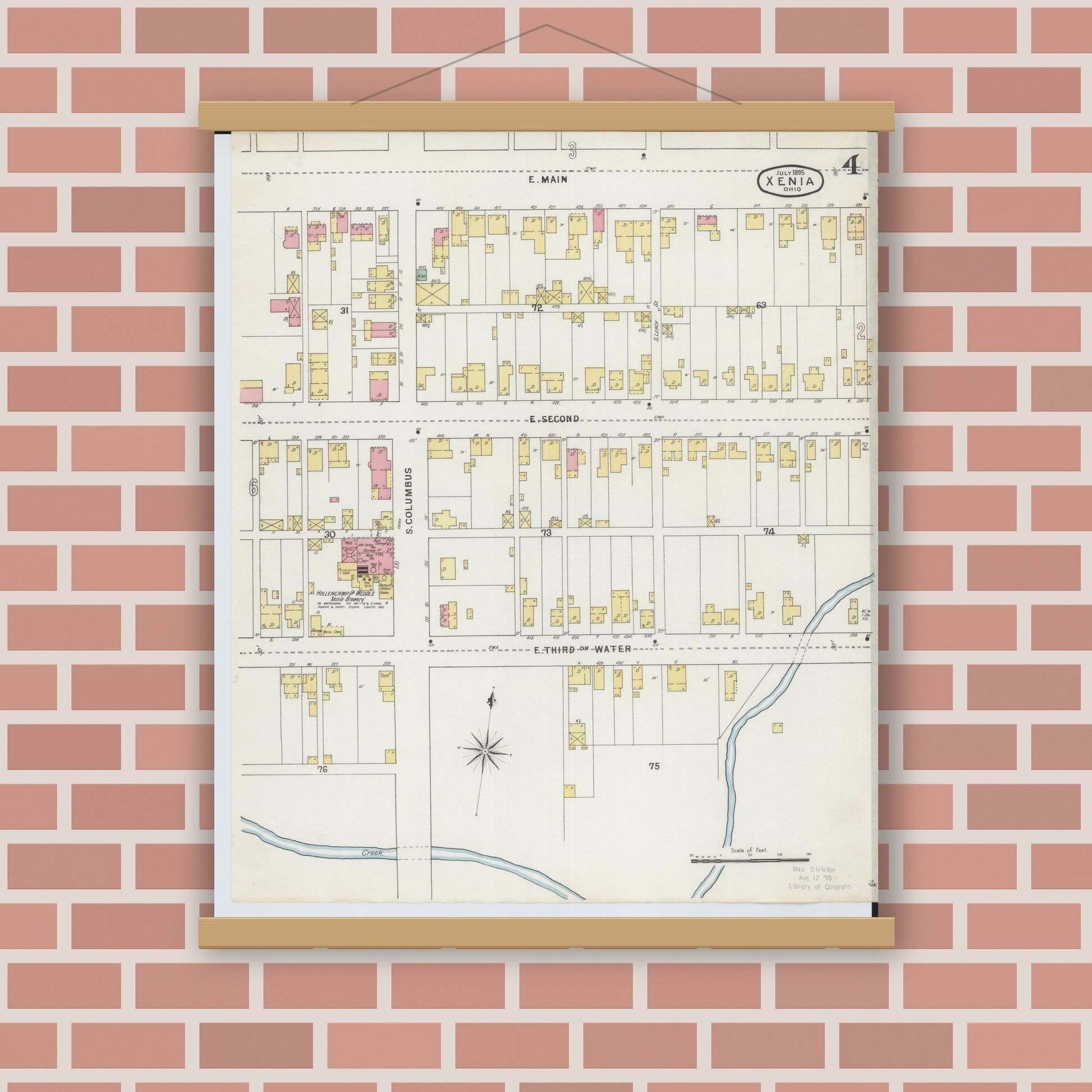 Old map wall art mockup — magnetic wood frame on brick wall — Sanborn Fire Insurance Map from Xenia, Greene County, Ohio (1895), Sheet #0004