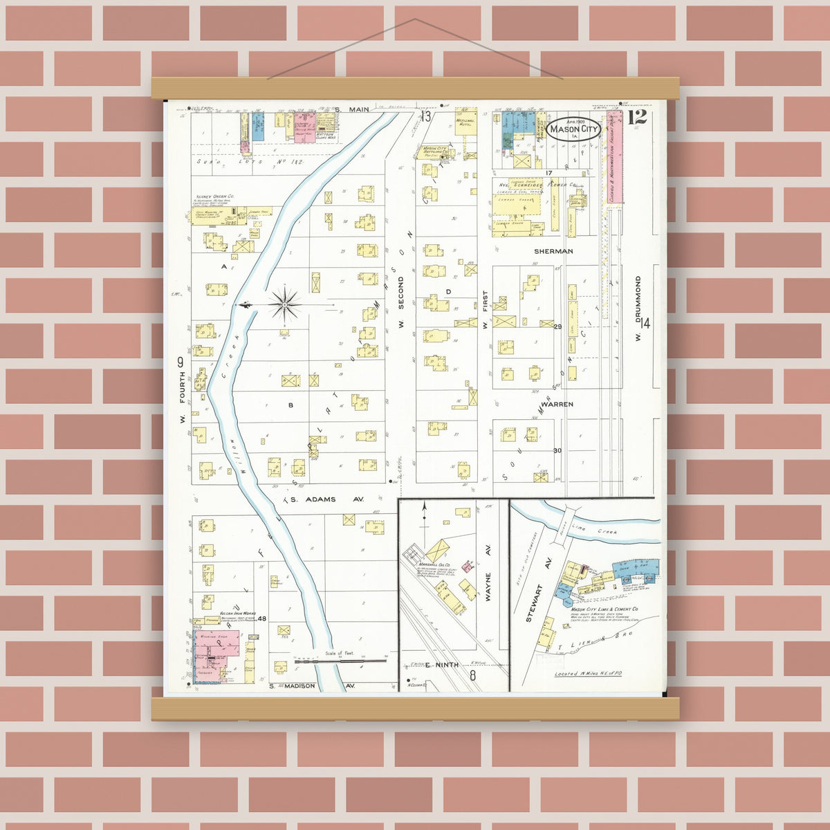 Old map wall art mockup — magnetic wood frame on brick wall — Sanborn Fire Insurance Map from Mason City, Cerro Gordo County, Iowa (1909), Sheet #0012