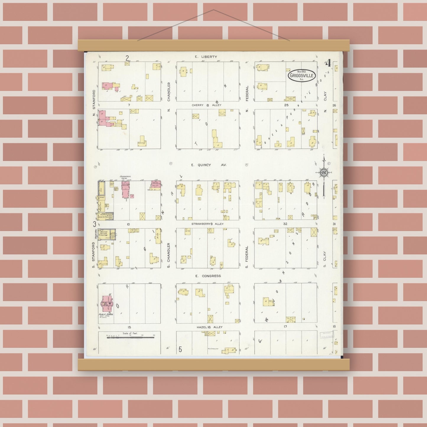 Old map wall art mockup — magnetic wood frame on brick wall — Sanborn Fire Insurance Map from Griggsville, Pike County, Illinois (1913), Sheet #0004