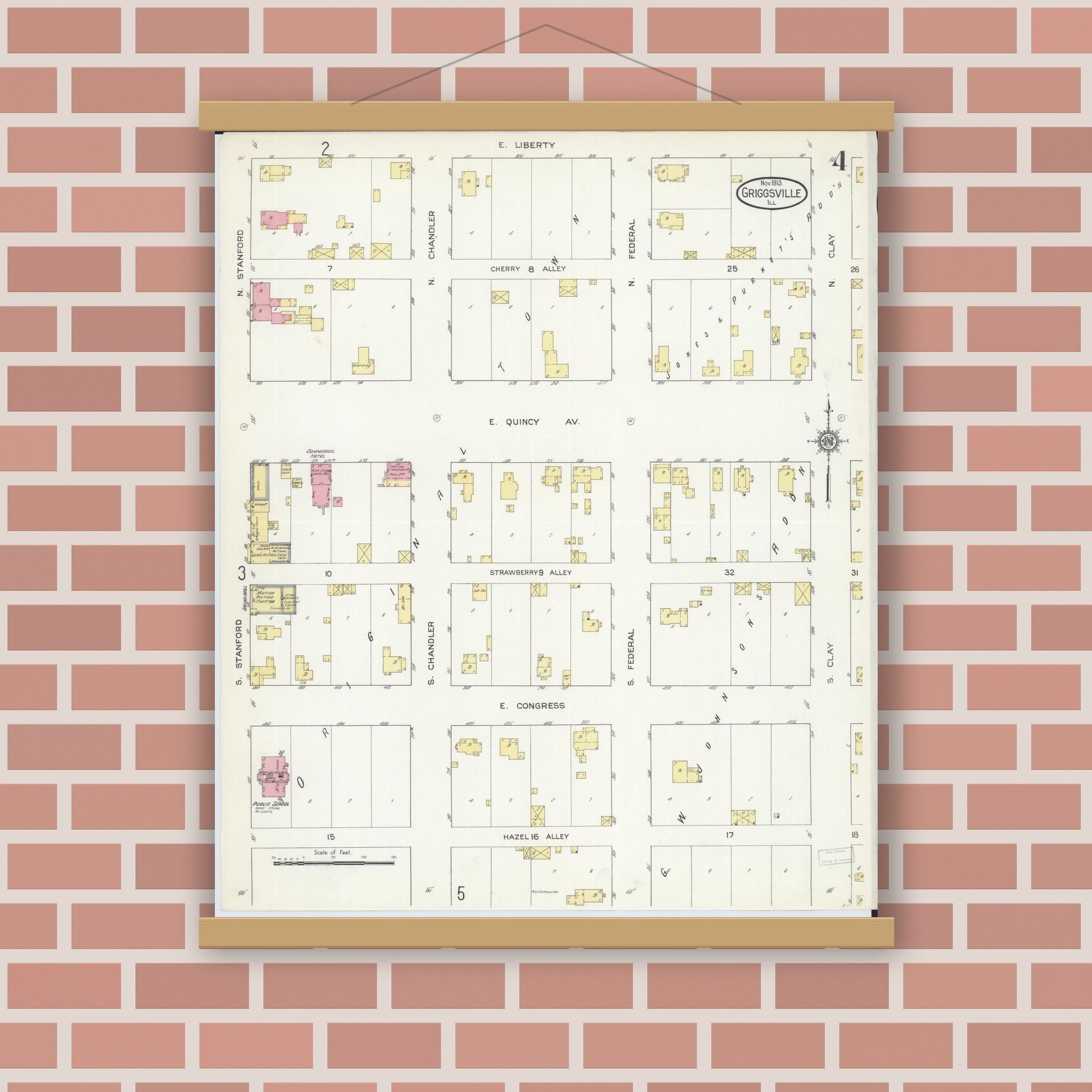 Old map wall art mockup — magnetic wood frame on brick wall — Sanborn Fire Insurance Map from Griggsville, Pike County, Illinois (1913), Sheet #0004