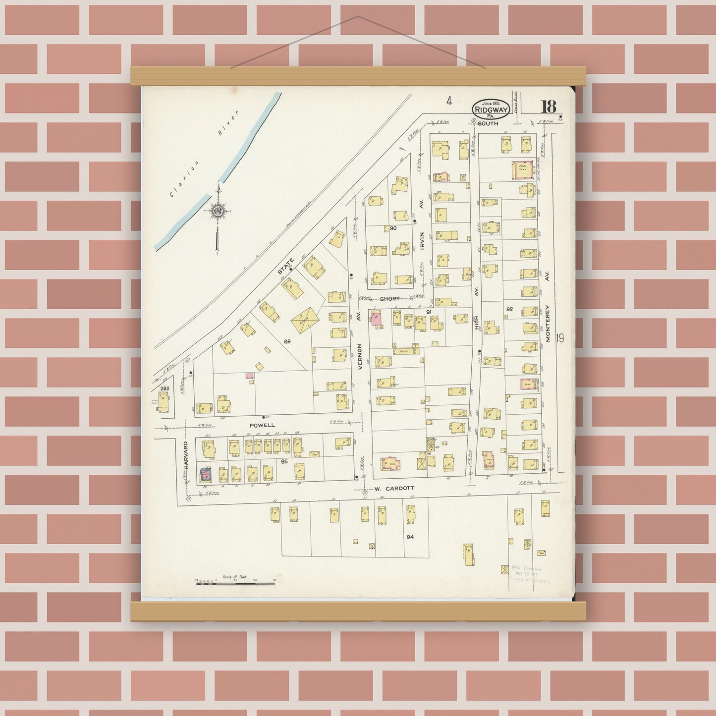 Old map wall art mockup — magnetic wood frame on brick wall — Sanborn Fire Insurance Map from Ridgway, Elk County, Pennsylvania (1915), Sheet #0018