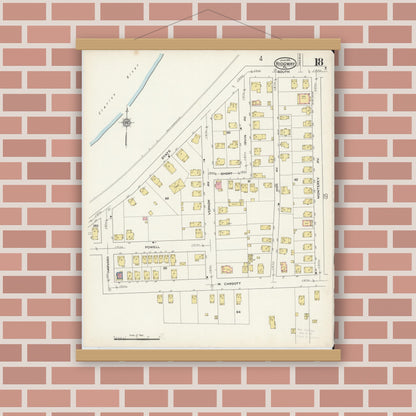 Old map wall art mockup — magnetic wood frame on brick wall — Sanborn Fire Insurance Map from Ridgway, Elk County, Pennsylvania (1915), Sheet #0018